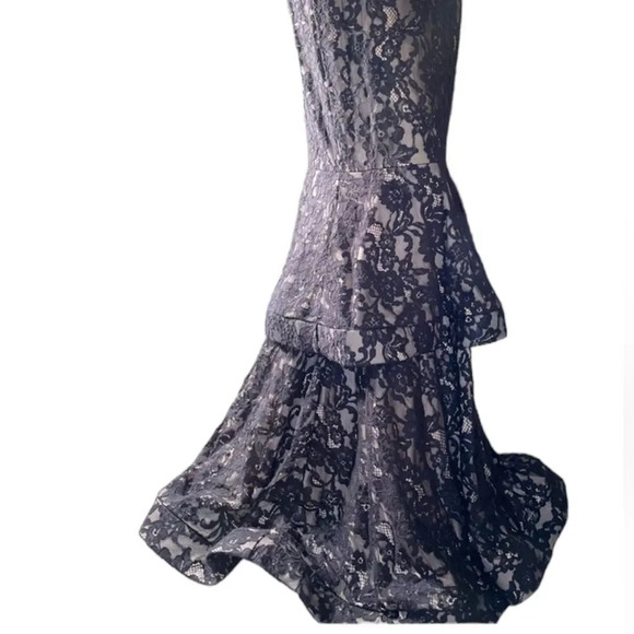 BLACK LACE OVERLAY FLOOR LENGTH TEIRED RUFFLED MERMAID GOWN BY WINDSOR SIZE L - Picture 9 of 14